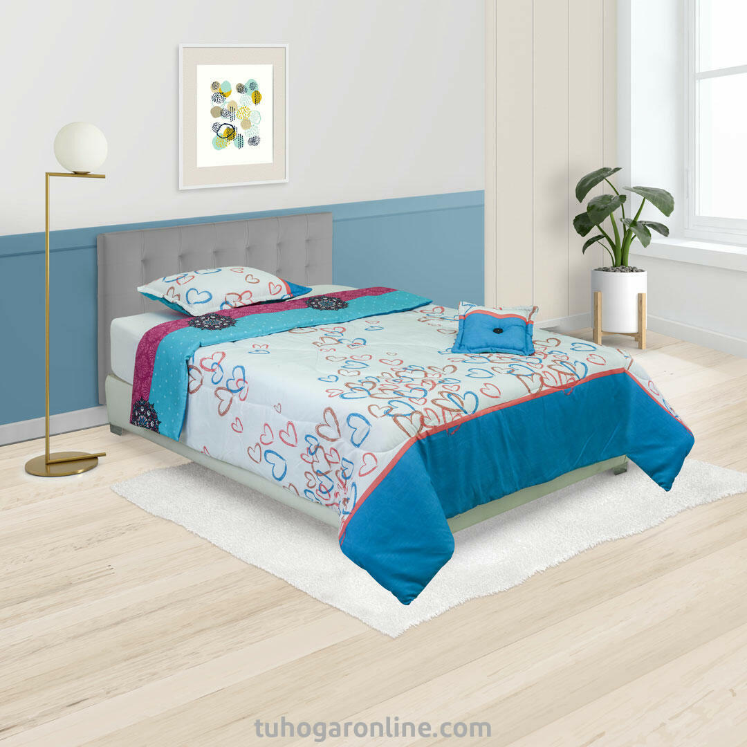 CUBRELECHO SUPER ACOLCHADO CAMA SENCILLA CORAZONES ENTRELAZADOS FONDO BLANCO, MÁNDALAS DE COLORES FONDO AZUL