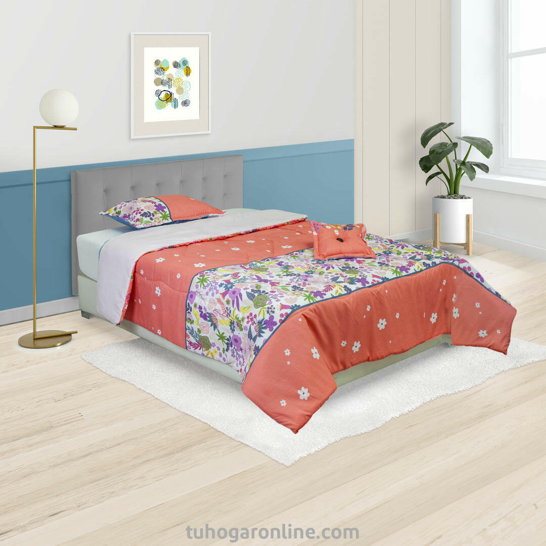 CUBRELECHO SUPER ACOLCHADO CAMA SENCILLA ROSAS DE COLORES EN FRANJA BLANCAS Y SALMÓN, CORAZONES ENTRELAZADOS FONDO AZUL