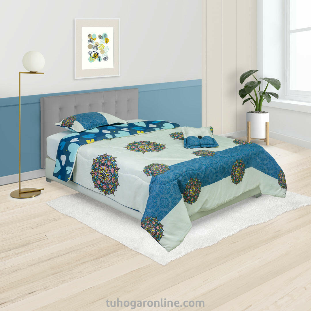 CUBRELECHO SUPER ACOLCHADO CAMA SENCILLA MÁNDALAS DE COLORES FONDO BLANCO, CORAZONES AMARILLOS Y BLANCOS FONDO AZUL