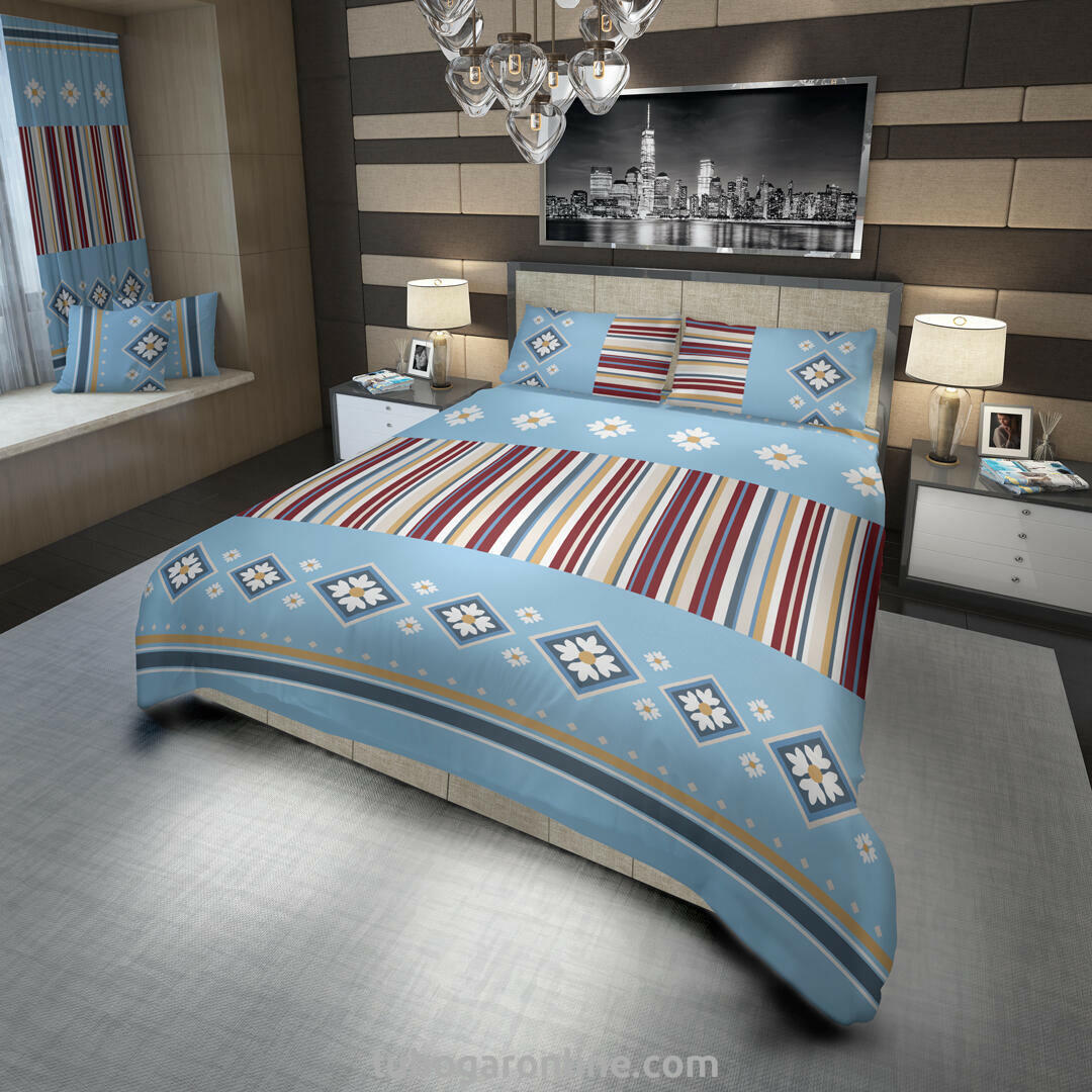 JUEGO DE SÁBANA 180 HILOS SEMIDOBLE FLORES BLANCAS EN ROMBOS Y LINEAS DE COLORES