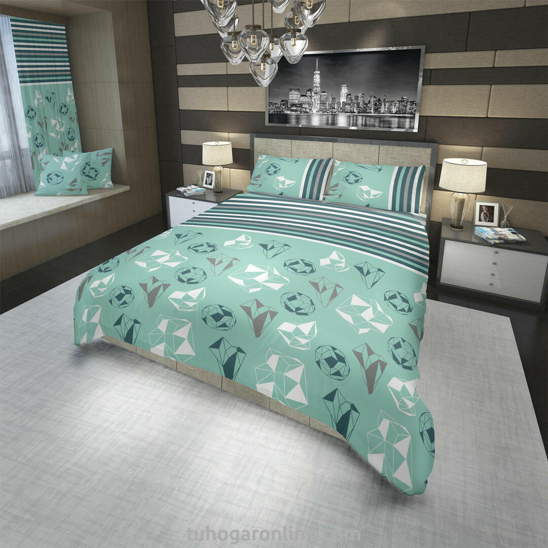 JUEGOS DE SÁBANAS MICROFIBRA DIAMANTES EN 3D AZUL Y GRIS FONDO VERDE