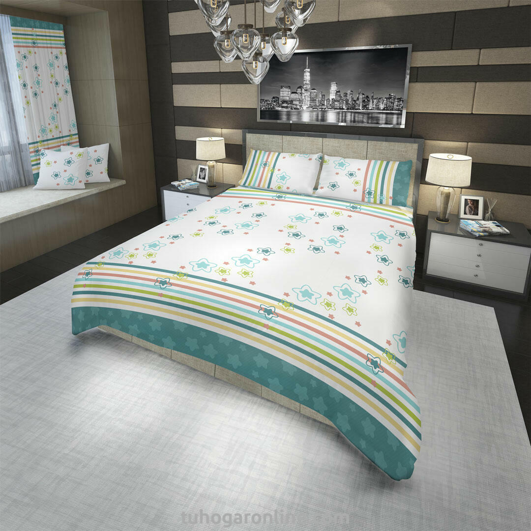 JUEGOS DE SÁBANAS MICROFIBRA ESTRELLAS Y LÍNEAS AMARILLAS Y VERDES