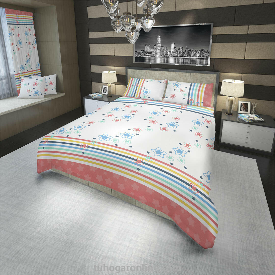 JUEGOS DE SÁBANAS MICROFIBRA ESTRELLAS Y LÍNEAS ROJAS, AMARILLAS Y AZUL