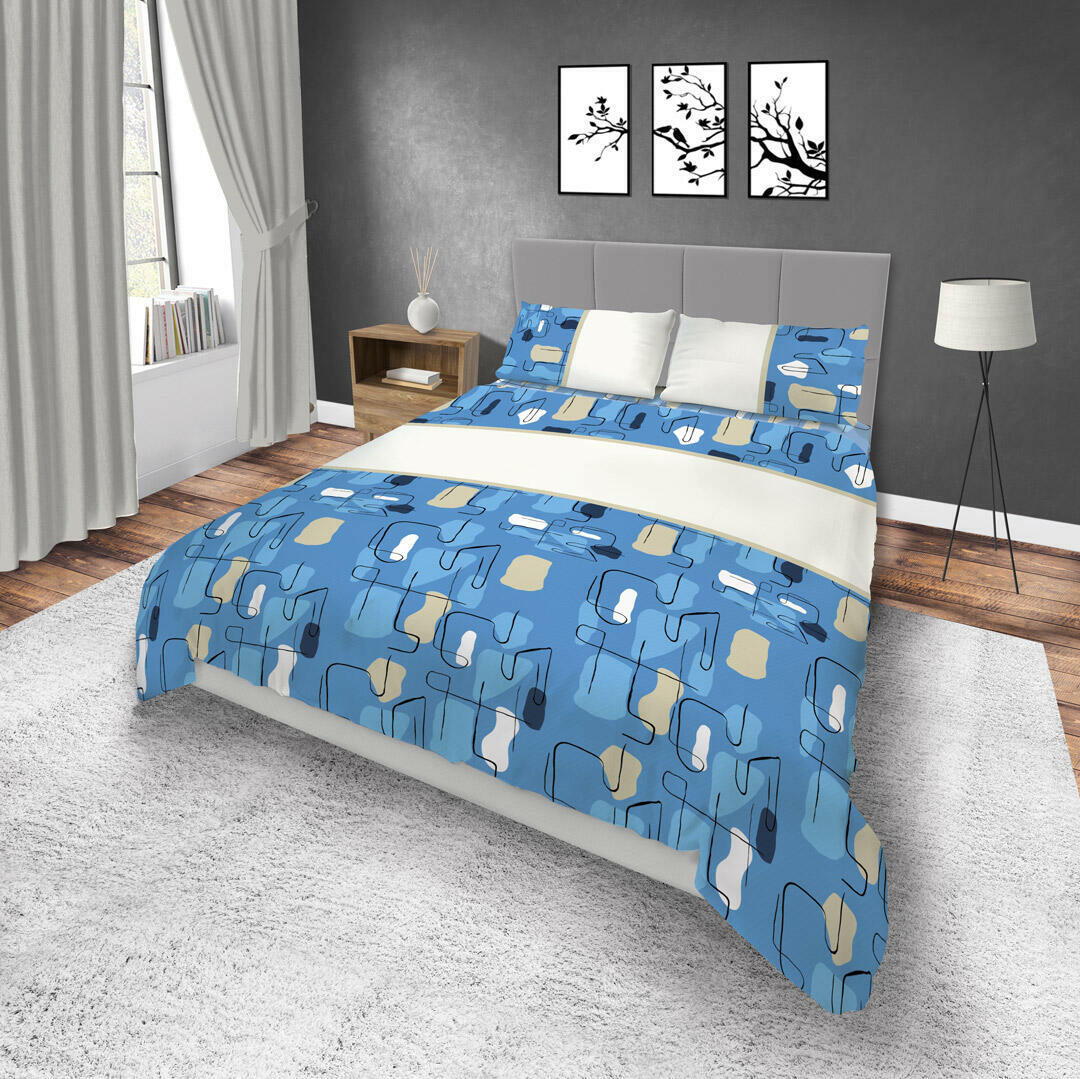 JUEGOS DE SÁBANAS MICROFIBRA FIGURAS BEIGE Y BLANCA FONDO AZUL