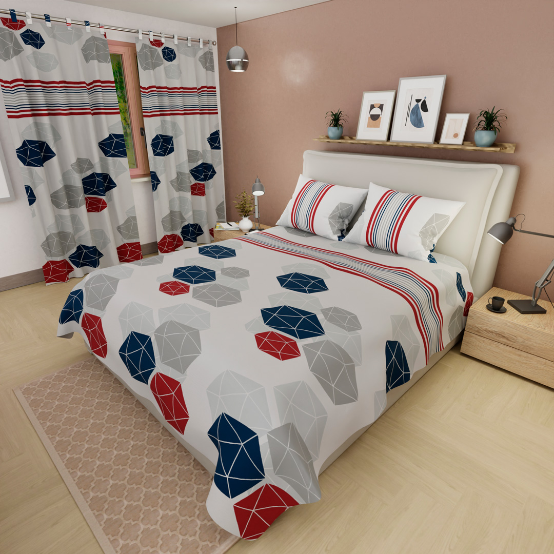 Juego De Sábanas Con Cortinas  Geométrico Hexagonal Ultra Suave