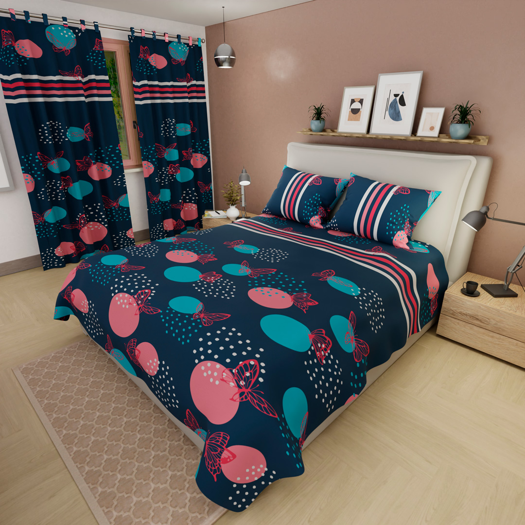 Juego de Sábanas con Cortinas Azul Mariposa Ultra Suave