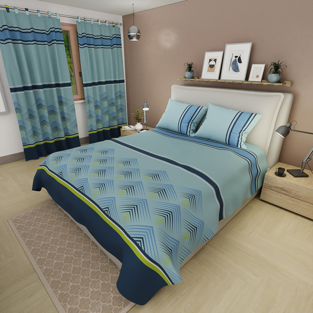 Juego de sábanas con cortinas Cumbres Celestes en Azul