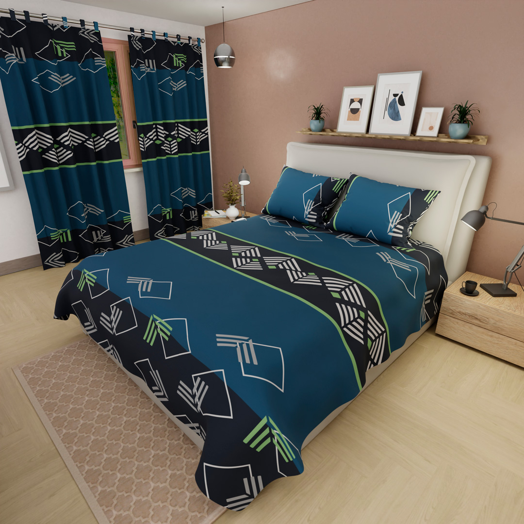 Juego De Sábanas Con Cortinas Arquitectura de Lujo En Azul