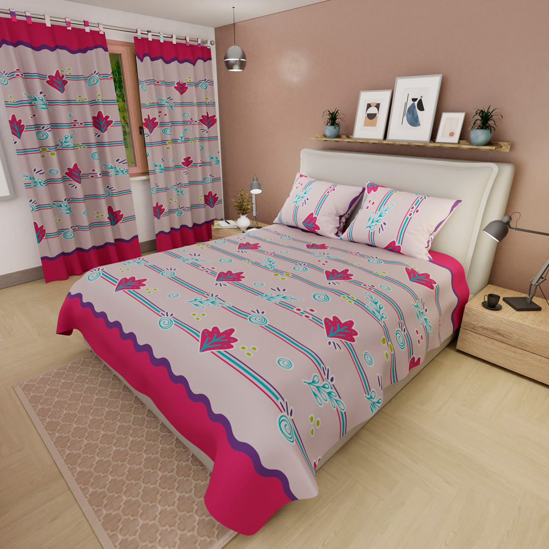 Juego de sábanas con cortinas  Armonía Floral En Fucsia