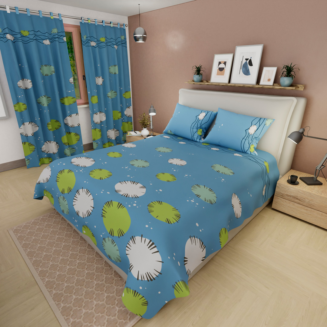 Juego de sábanas con cortinas  Destellos de Vida Azul