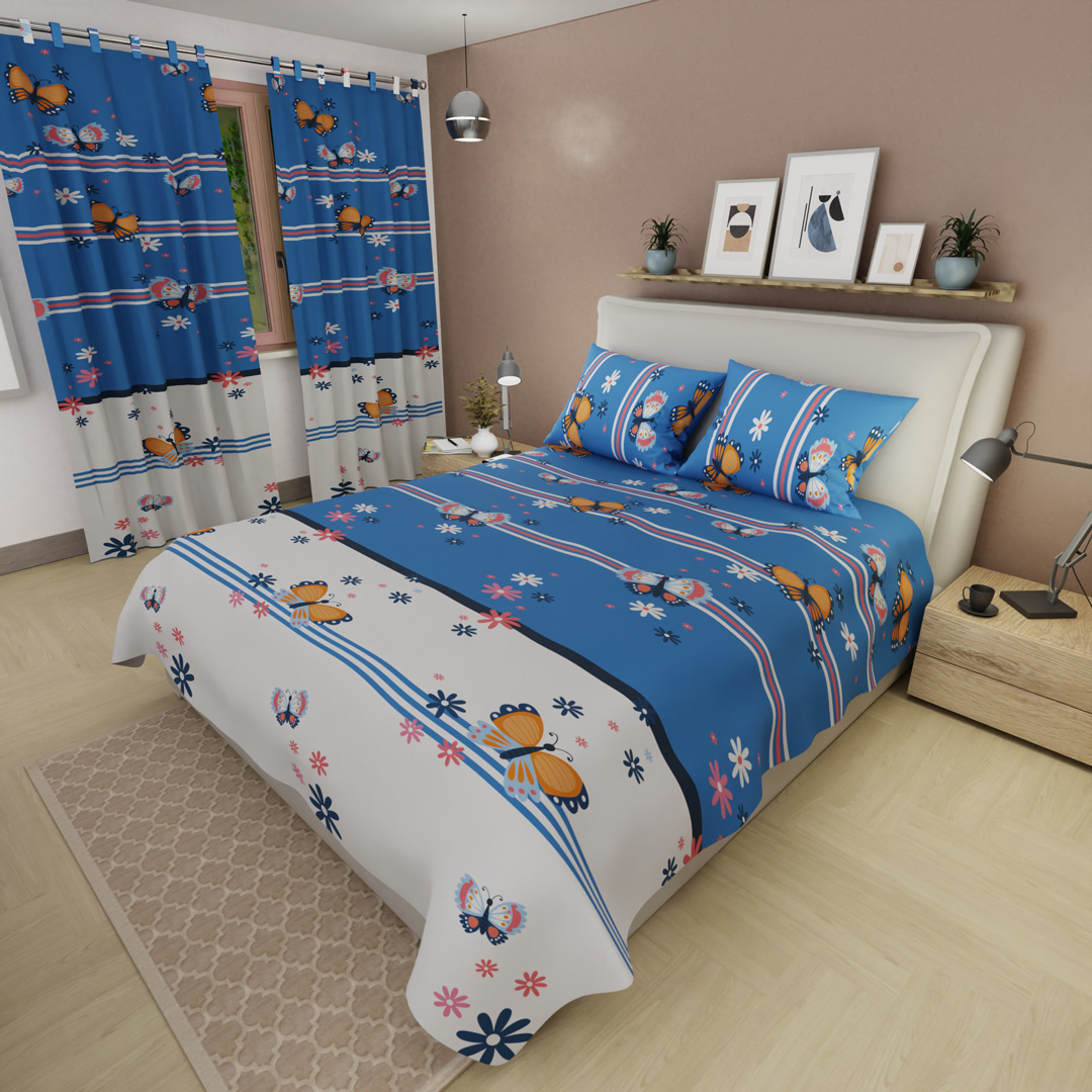 Juego De Sábanas Con Cortinas  Florecer De En Sueño Azul
