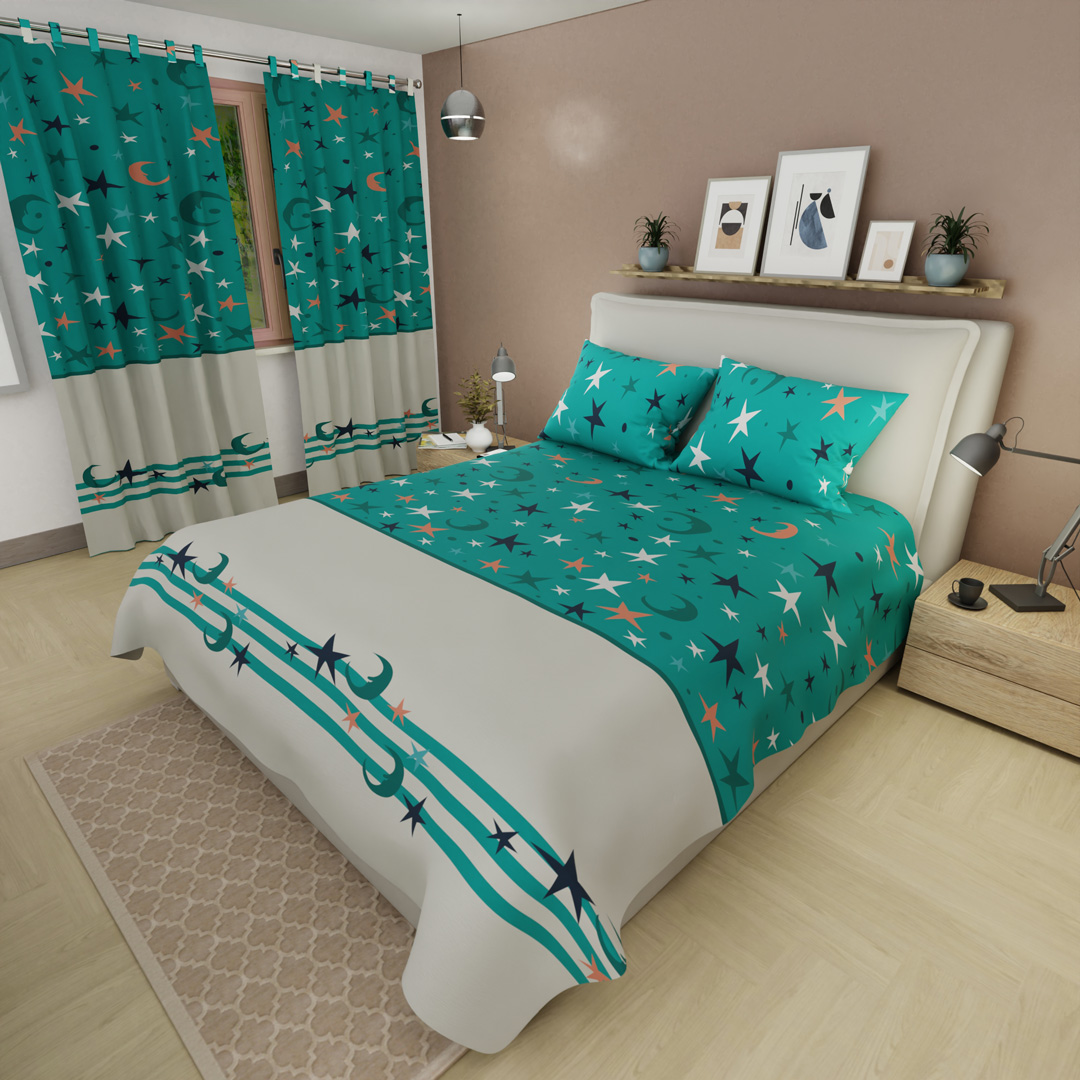 Juego De Sábanas Con Cortinas  Universo Interior Aguamarina