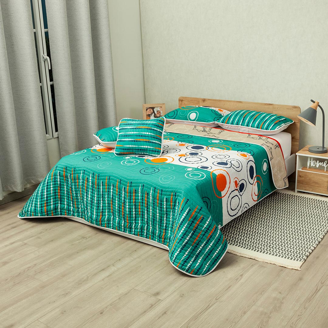 Cubrelecho Estampado Prensado Doble Faz Oasis Moderno Verde