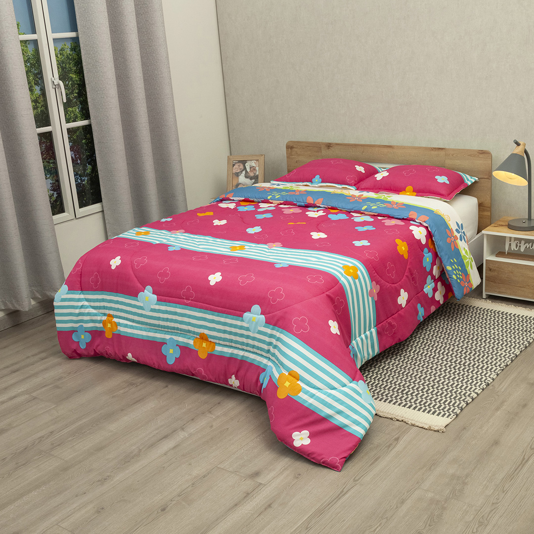 Cubrelecho Semiacolchado Doble Faz Fiesta Floral Fucsia