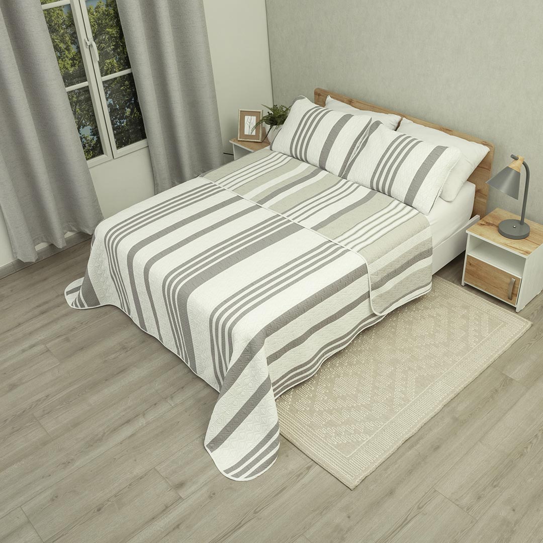 Cubrelecho Prensado Doble Faz Trama Líneas de Vanguardia Gris - Beige