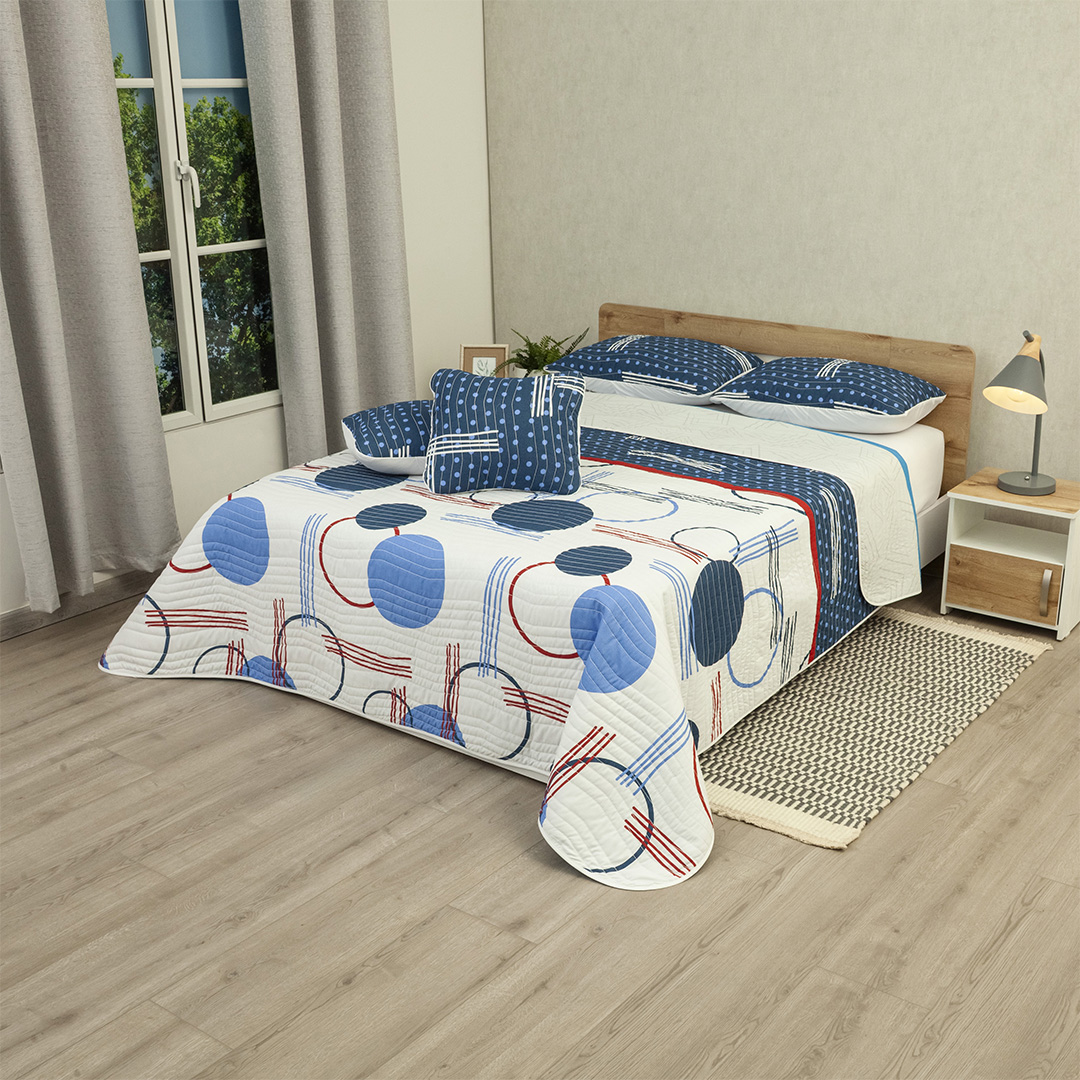 Cubrelecho Estampado Prensado Doble Faz Trazos Digitales Azul