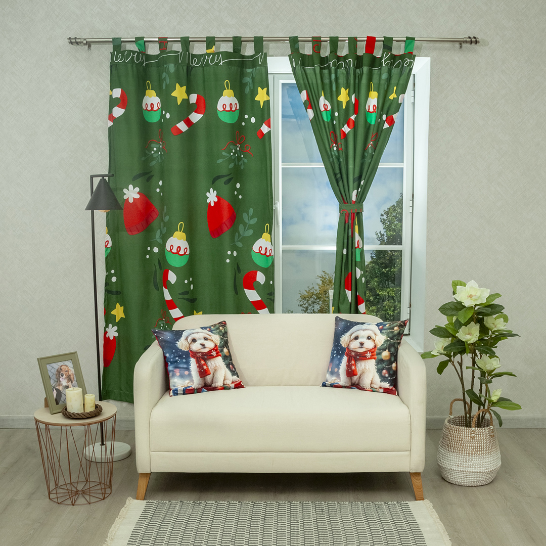 Cortina Navideña Bolas De Navidad Bastones Fondo Verde