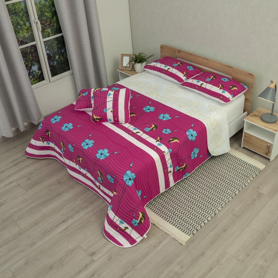 Cubrelecho Estampado Prensado Doble Faz Canto Tropical Fucsia