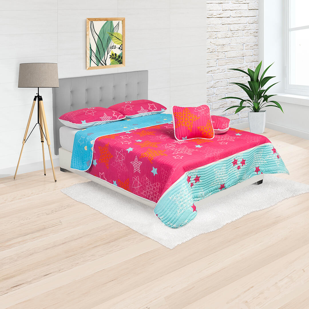 Cubrelecho Estampado Prensado Doble Faz Fucsia Azul Estrellas
