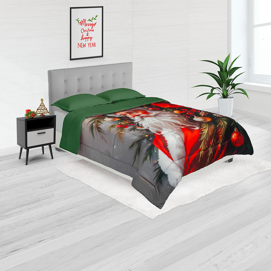 Cubrelecho Navideño Doble Faz Papa Noel Solo Fondo Verde