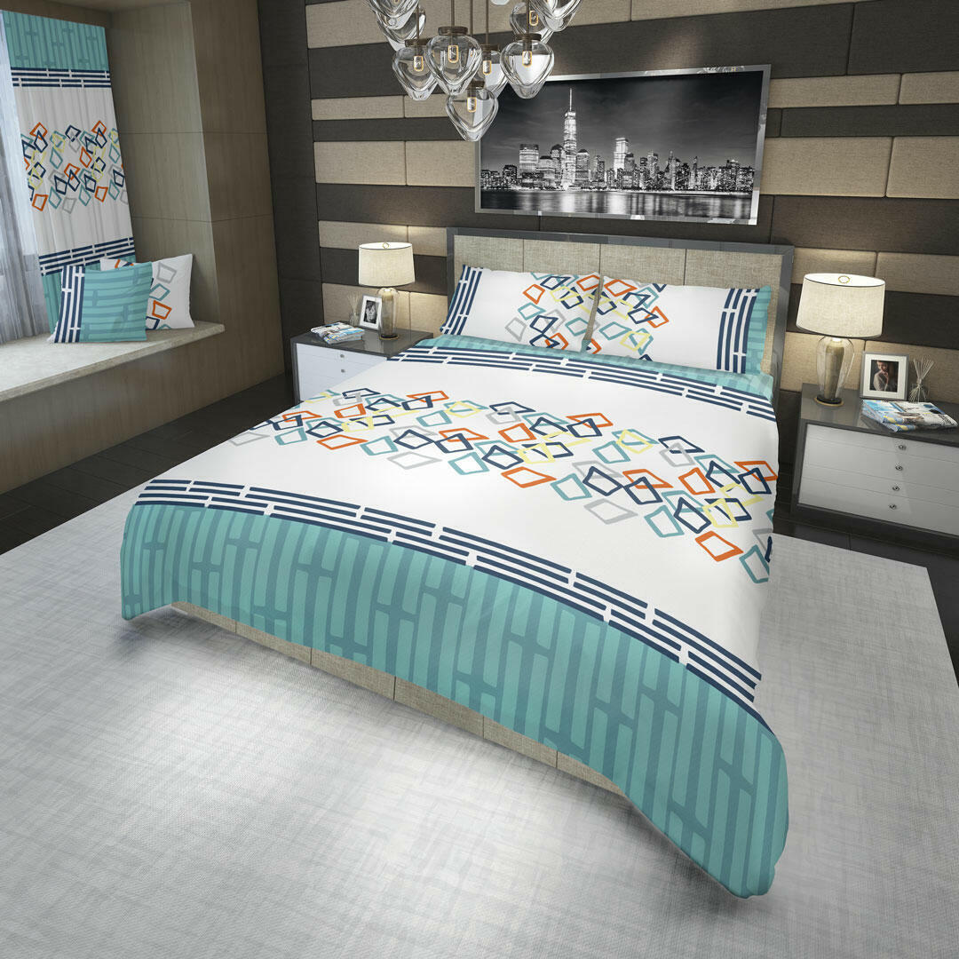 JUEGO DE SÁBANAS 180 HILOS FIGURAS DE COLORES ENTRELAZADAS Y FRANJA AZUL CIELO