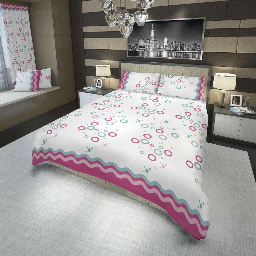 JUEGO DE SÁBANAS 180 HILOS CÍRCULOS Y ESTRELLAS AZUL Y FUCSIA