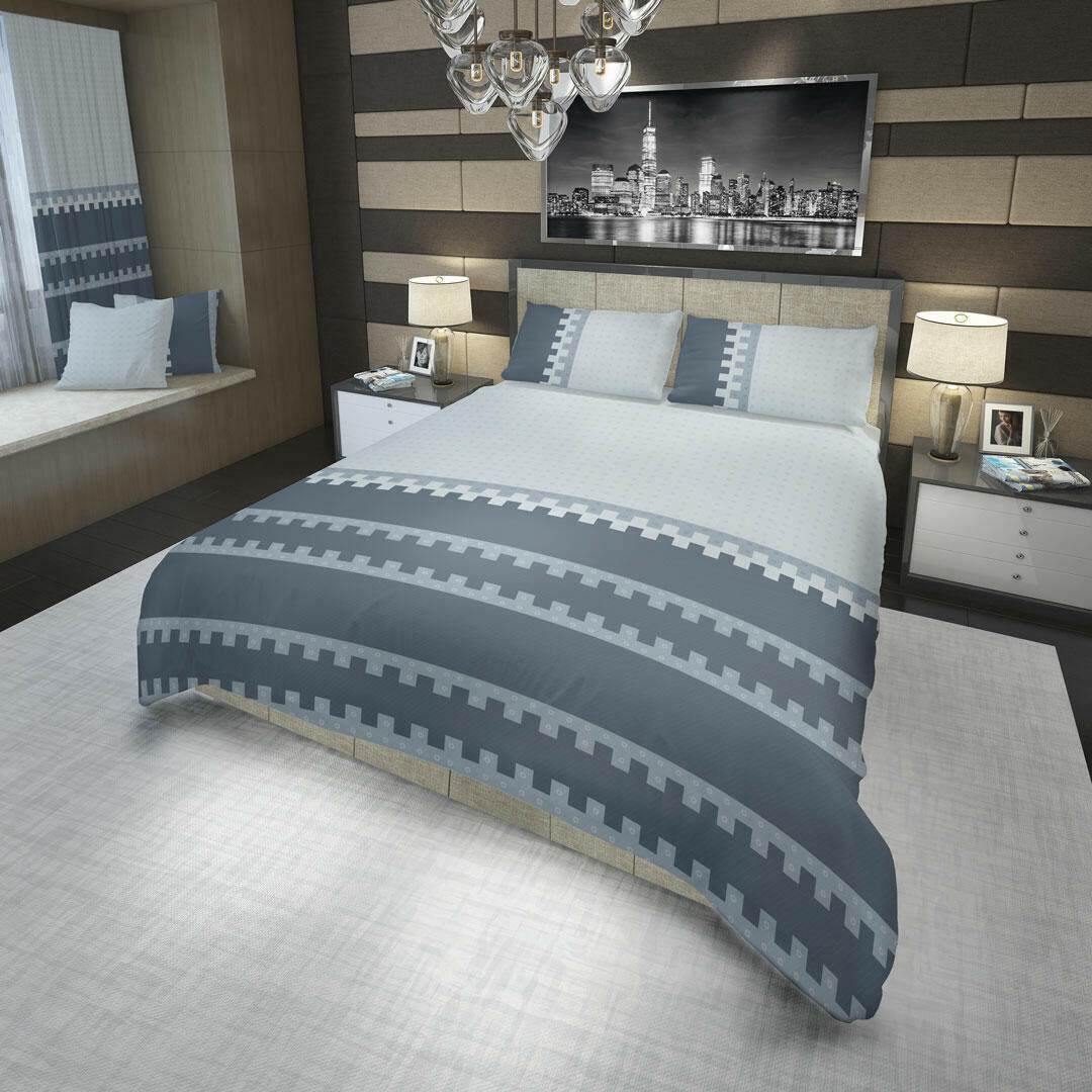 JUEGO DE SÁBANAS 180 HILOS CÍRCULOS Y FLORES BLANCAS EN FRANJAS AZUL