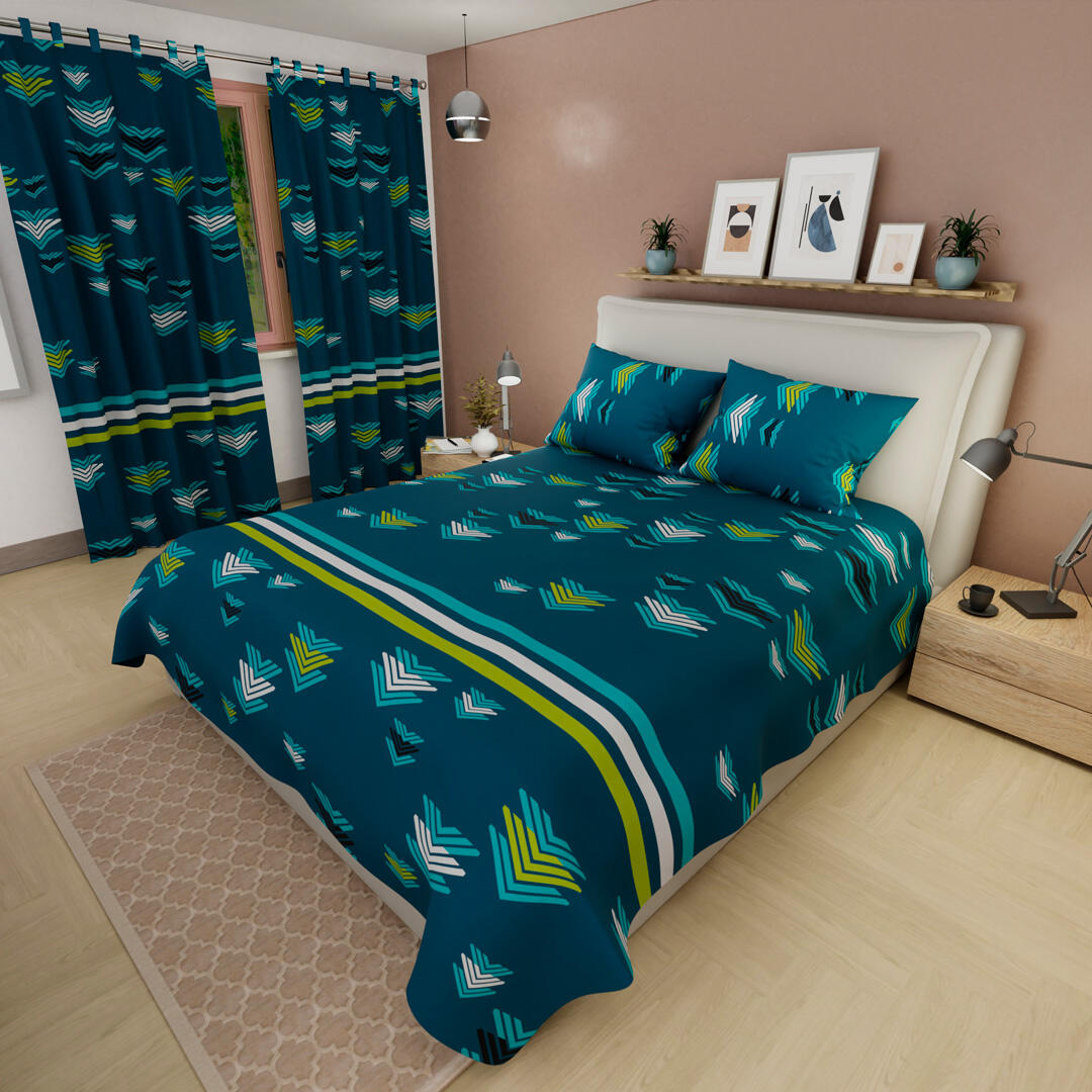 Juego De Sábanas Con Cortinas  Flechas Fondo Azul  Ultra Suave 