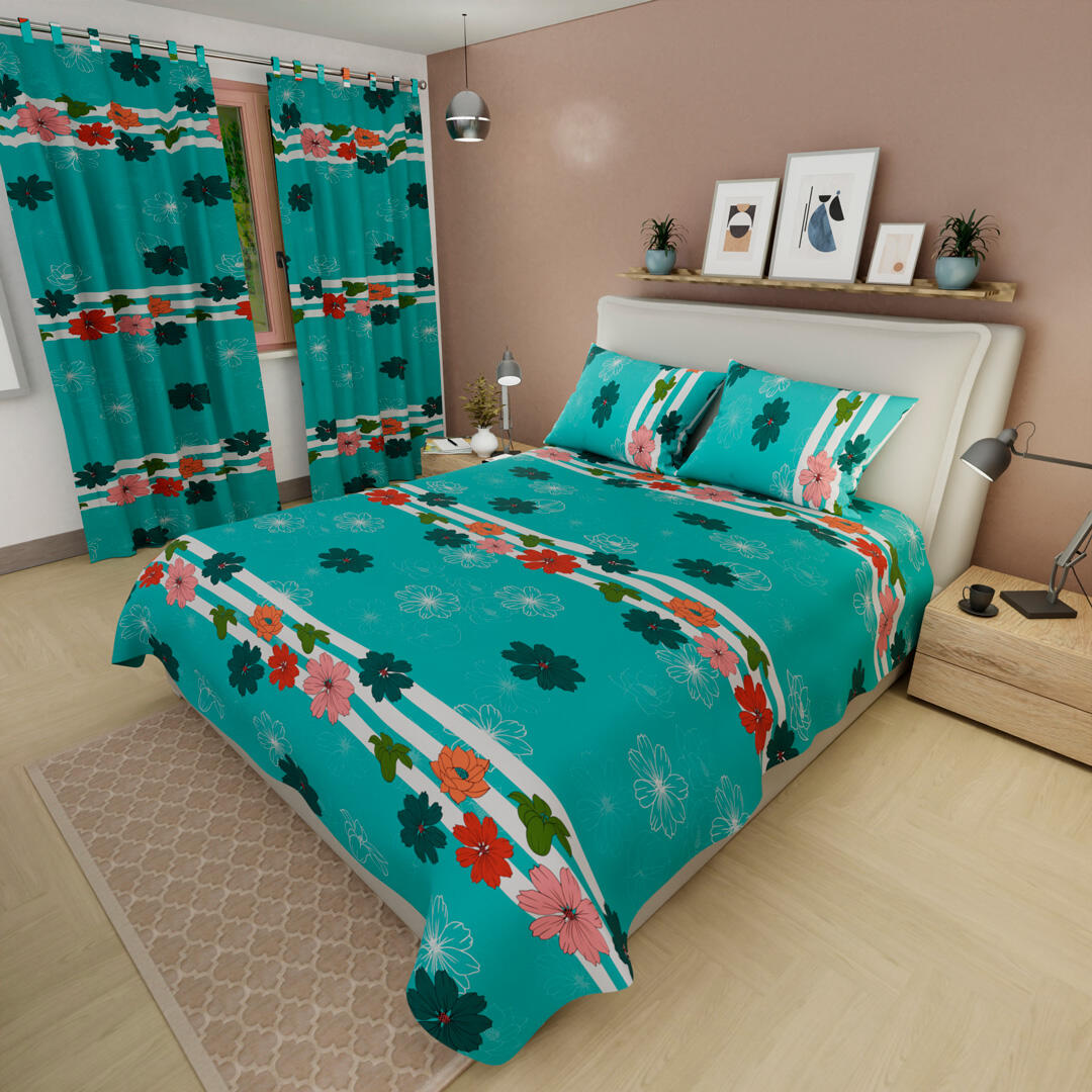 Juego De Sábanas Con Cortinas Flores En Fondo Aguamarina Ultra Suave 