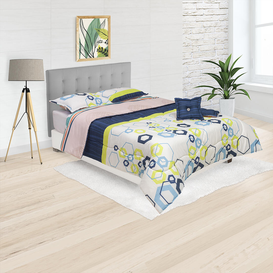 Cubrelecho Super Acolchado Azul Y Blanco Con Hexágonos Ultra Suave 