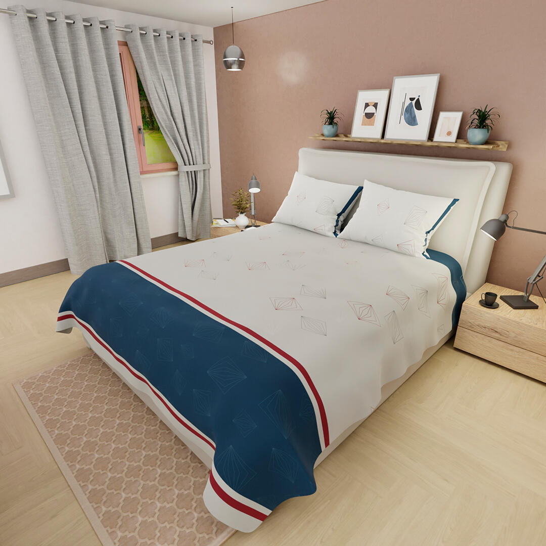  JUEGO DE SÁBANAS 180 HILOS DIAMANTES FONDO BLANCO EN FRANJA AZUL CON LÍNEAS ROJAS 