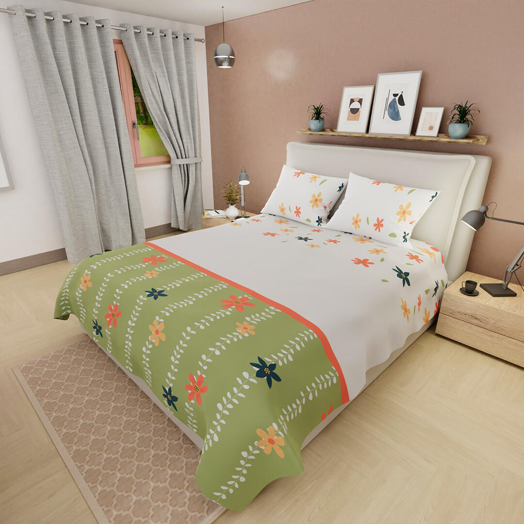   JUEGO DE SÁBANAS 180 HILOS FLORES FONDO BLANCO CON VERDE 