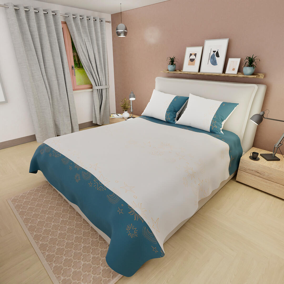  JUEGO DE SÁBANAS 180 HILOS ESTRELLAS SOLES LUNAS FONDO BLANCO CON AZUL 